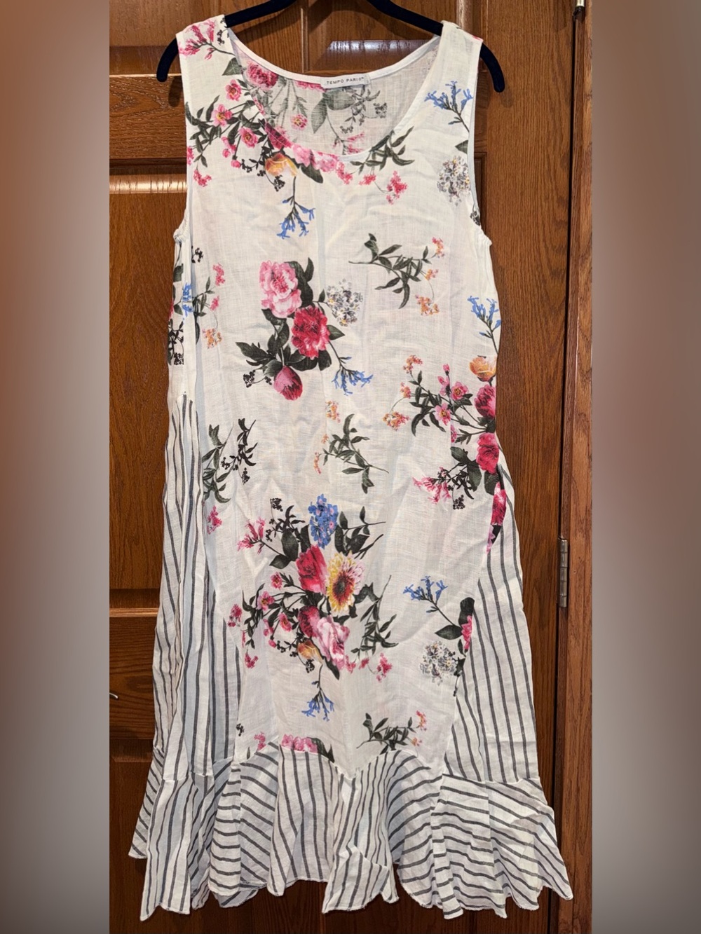 Tempo Paris S/M 100% Linen Floral Stripe Boutique Dress